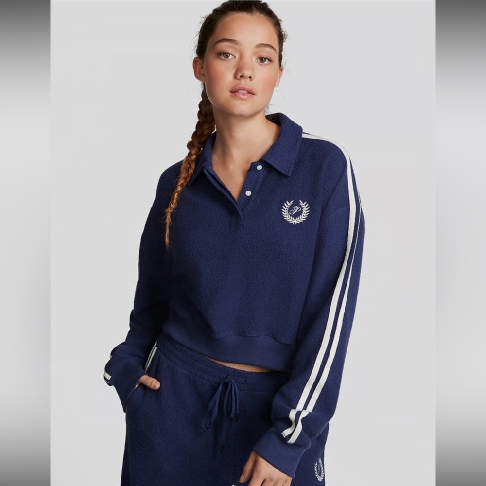 Victoria's Secret Pink Womens Fleece Cropped Polo Sweatshirt AK1‎ Midnight Navy